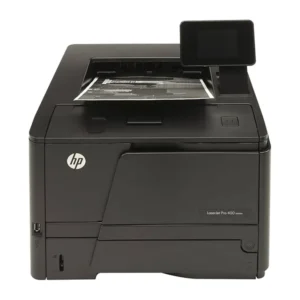 این تصویر یک دستگاه پرینتر HP M401DN با رنگ مشکی را نشان می دهد که دارای صفحه تاچ است.